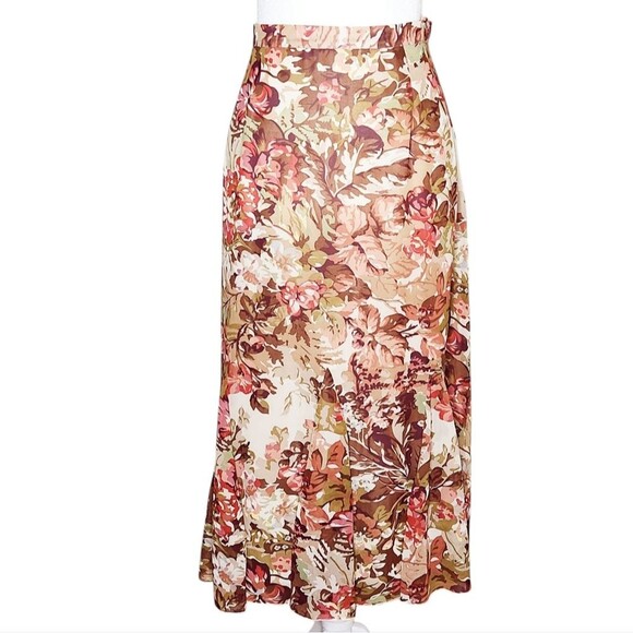 Coldwater Creek Chiffon Godet Midi Skirt Brown Tan Pink Floral Print Women's S - Picture 1 of 11
